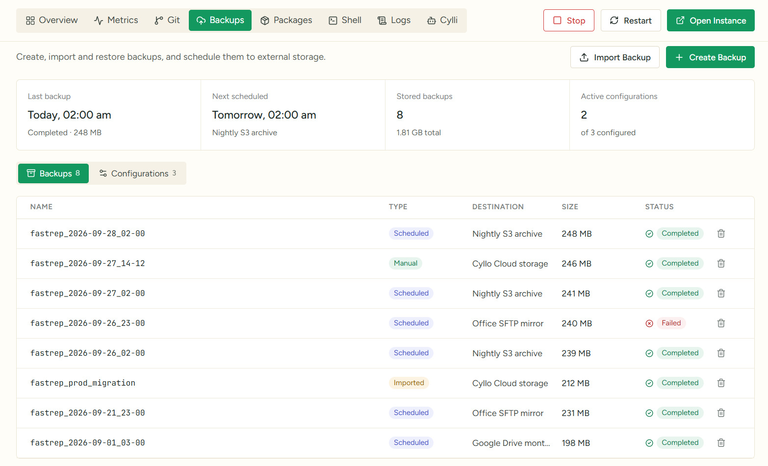 Backups you can restore screen in Cyllo Cloud