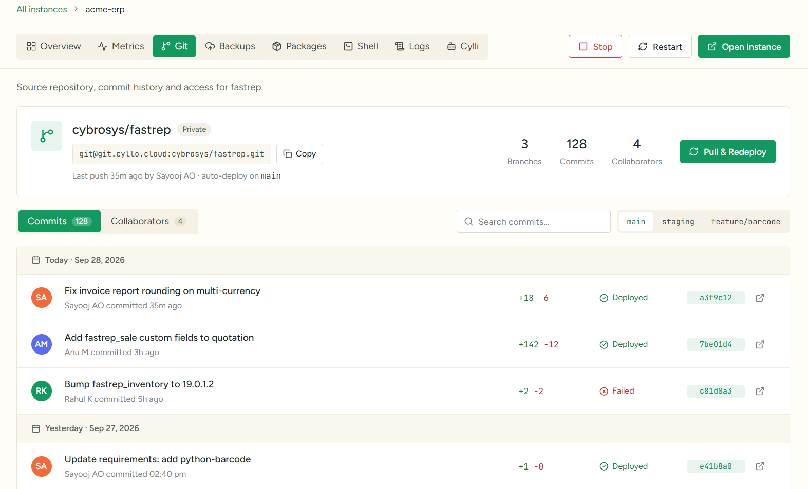 Git deployments screen in Cyllo Cloud