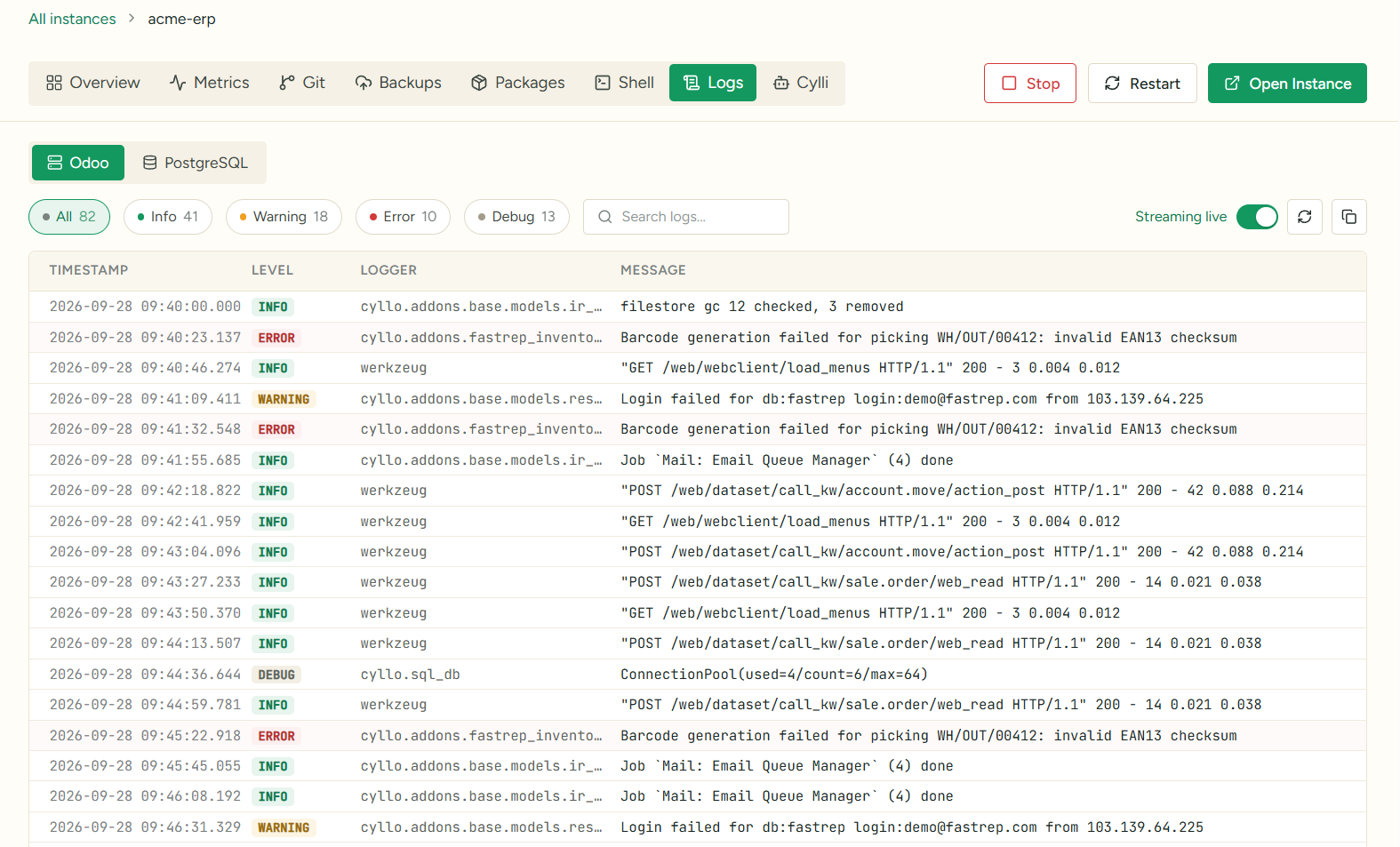 Logs and shell screen in Cyllo Cloud